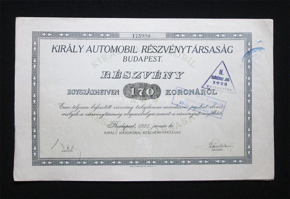 Király Automobil Részvénytársaság részvény 170 korona 1923